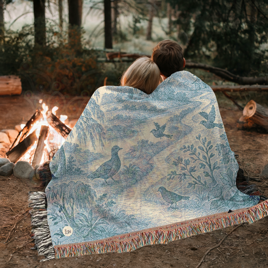 Pagoda Path Garden Woven Blanket – Blue Toile Tapestry Throw with Birds & Willow Trees – 100% Cotton Tranquil Landscape Wall Art