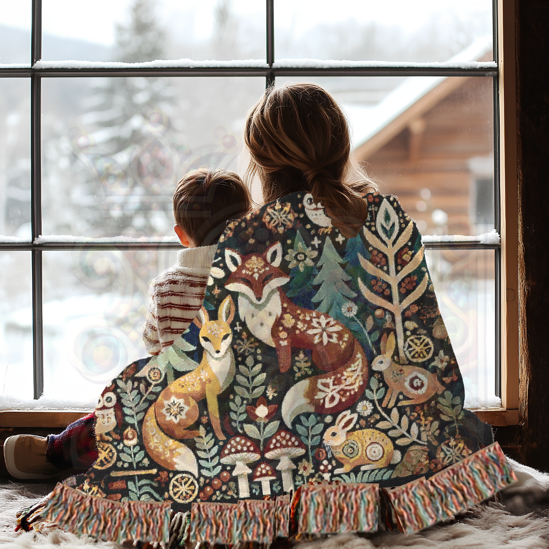 Cozy Woodland Fox Tapestry Blanket – Folk Art Forest Animals Woven Throw, Rustic Boho Nature-Inspired Decor, Perfect for Fox Lovers & Cabin Vibes