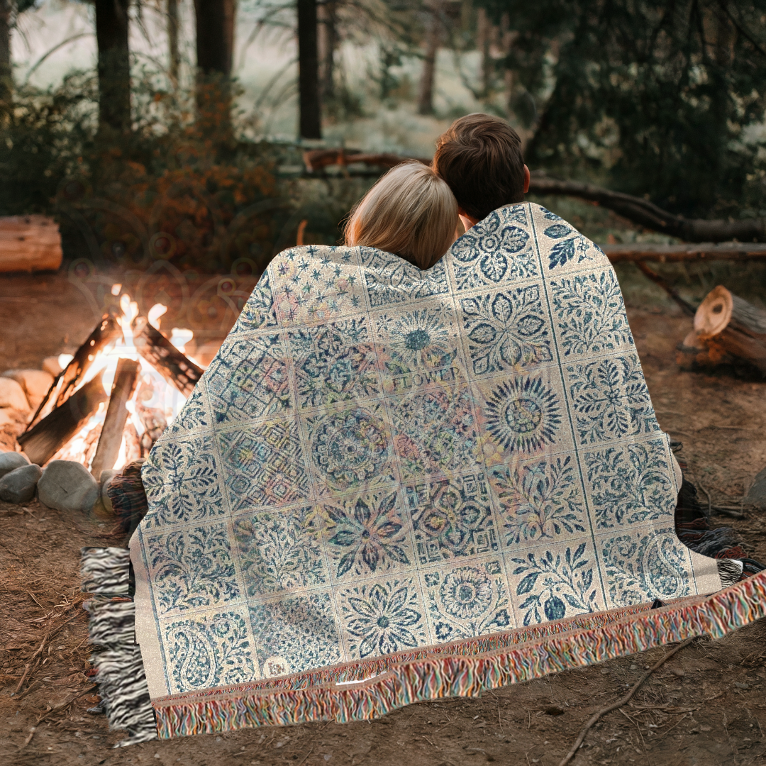 Heritage Tile Block Folk Art Woven Blanket – Classic Blue Tile Pattern Throw, Decorative Folk Art Home Accent