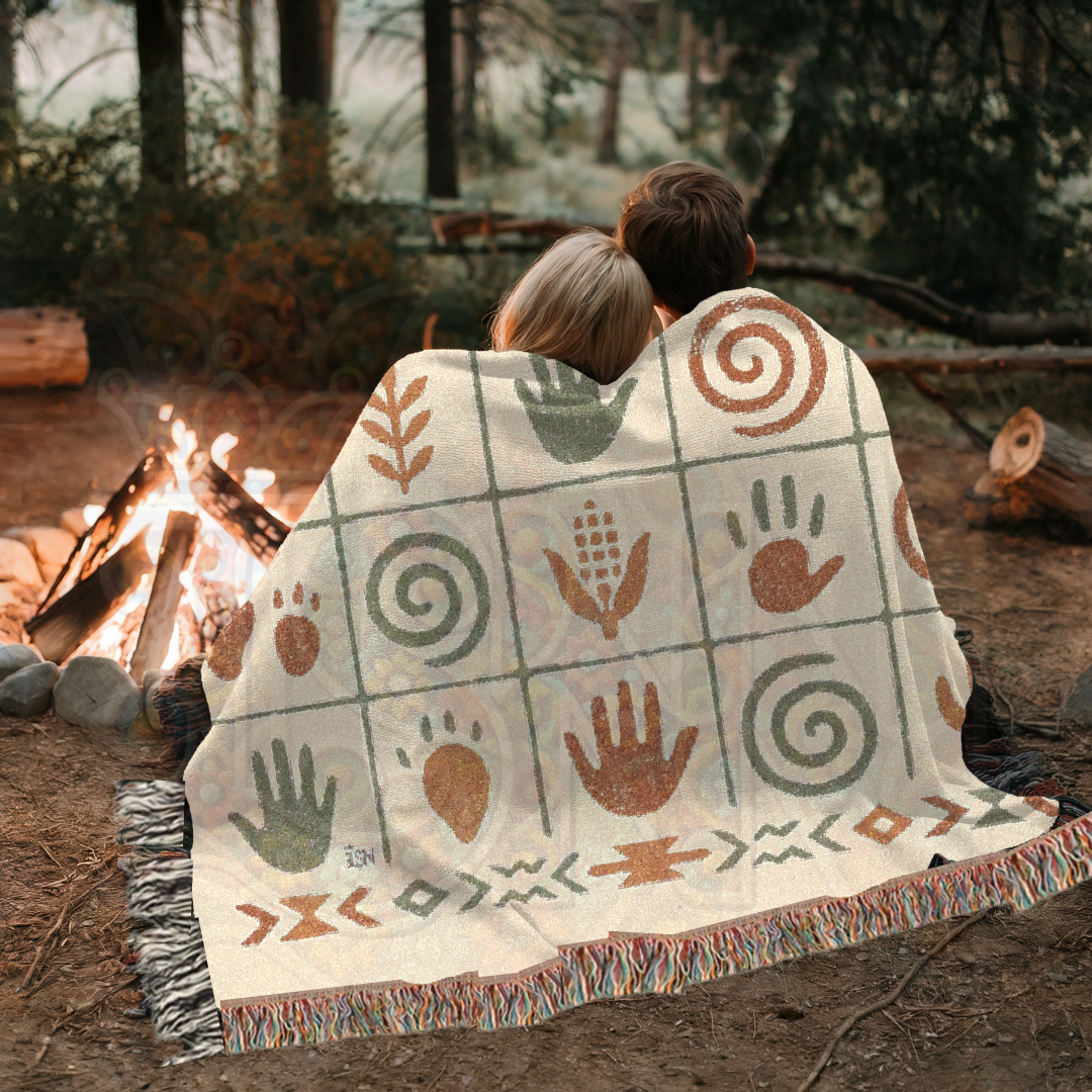 Ancient Echoes – Woven Blanket with Southwest-Inspired Hand, Spiral & Nature Symbols