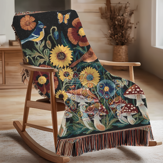 Mushroom Meadow Harmony Woodland Folk Art Woven Blanket – Cozy 100% Cotton Throw