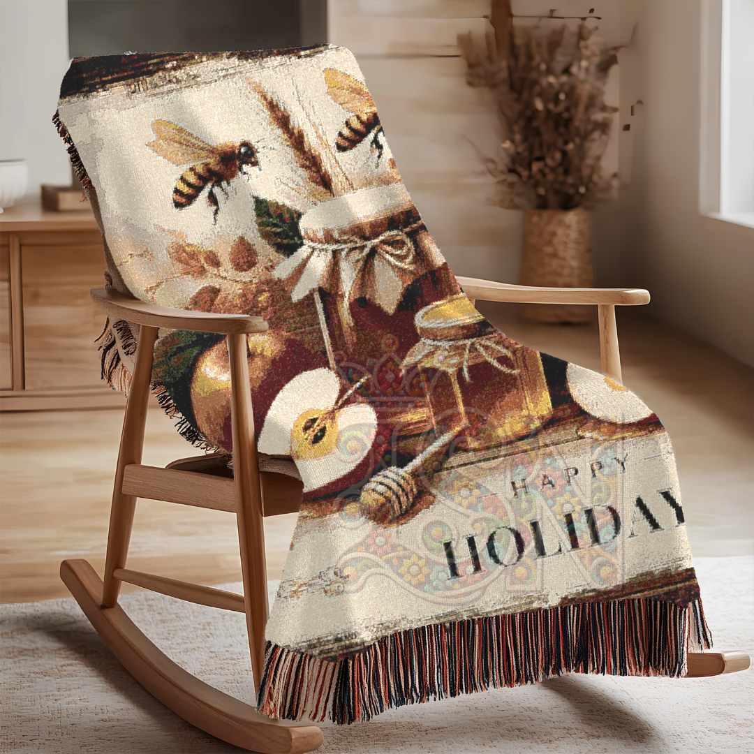 Happy Holidays Apples & Honey Folk Art Woven Blanket – Festive Seasonal Throw