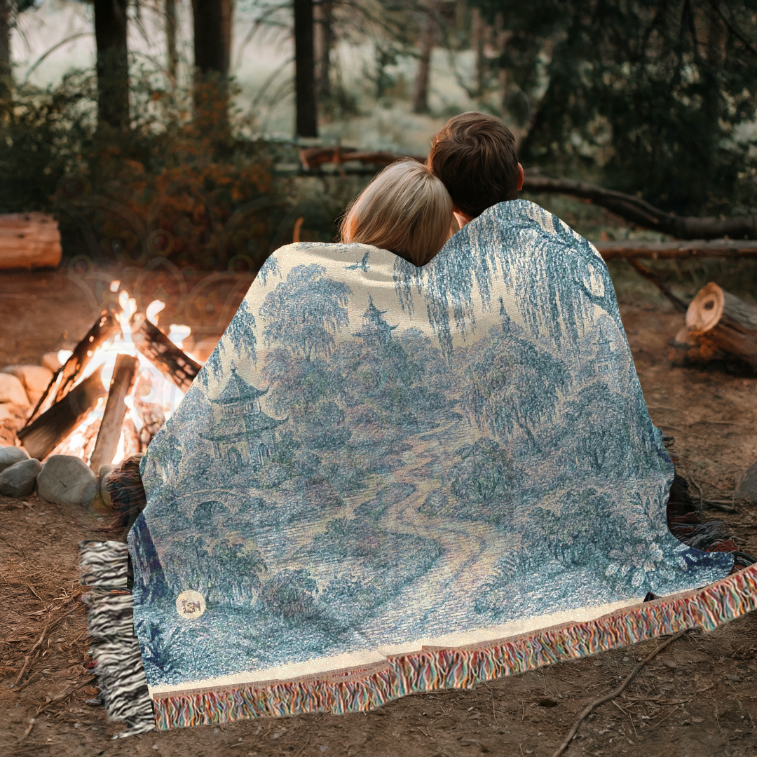 Pagoda Garden Woven Blanket – Blue Willow Landscape Tapestry Throw with Trees, Birds & Stream – 100% Cotton Calm & Serene Decor