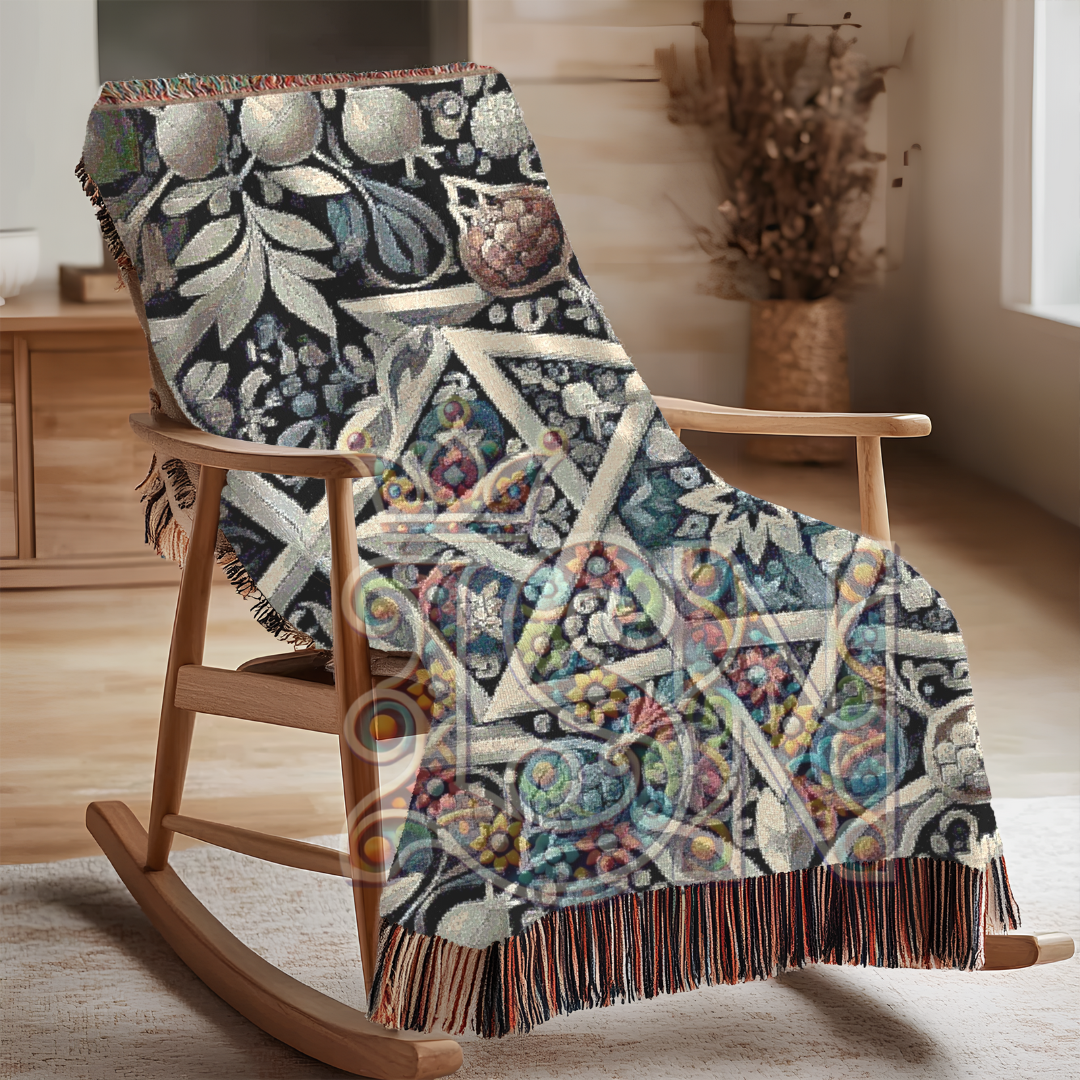 Star of David Woven Throw Blanket – Pomegranate & Floral Jewish Heritage Tapestry