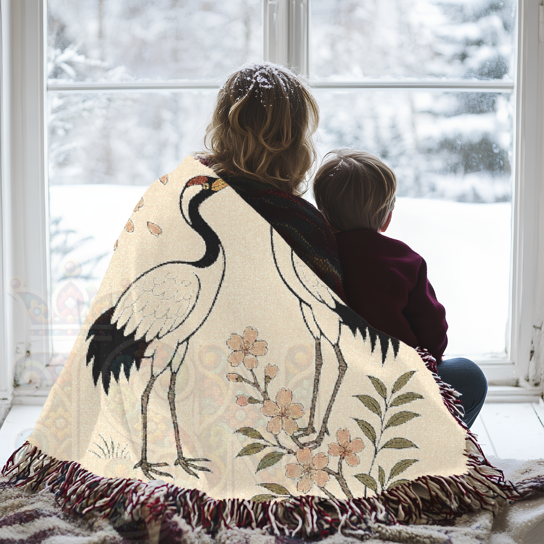 Dance of the Cranes – Woven Blanket with Folk Cranes and Cherry Blossoms