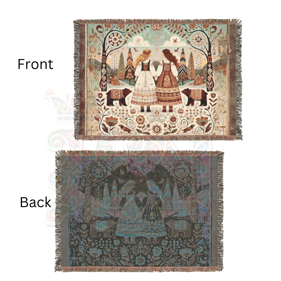 Whimsical Folk Art Woven Blanket – Nordic Sisters & Bears Tapestry Throw | Cozy Cottagecore, Fairytale Home Decor, & Storytelling Art