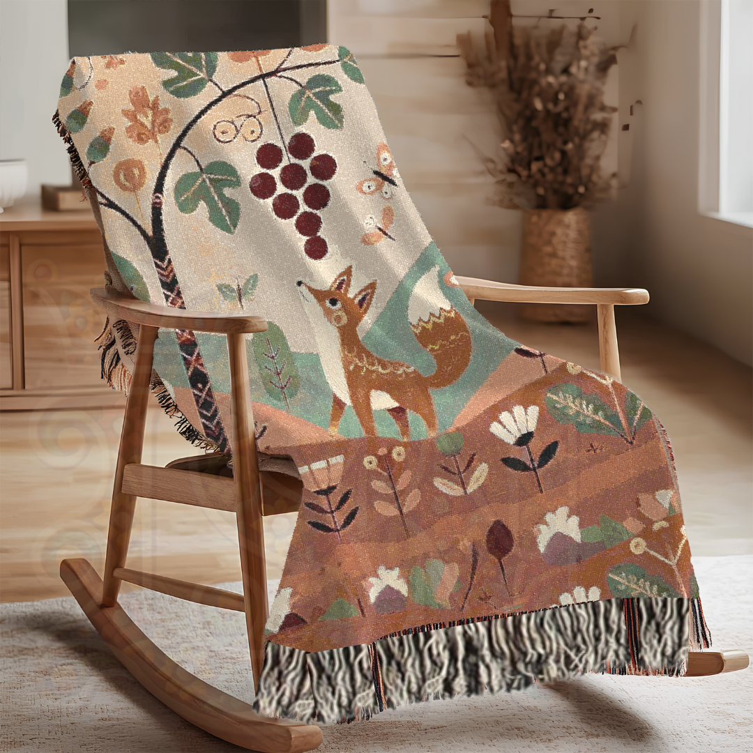 Folk Art Fox and Grapes Woven Blanket – 100% Cotton Throw for Cozy Woodland Decor