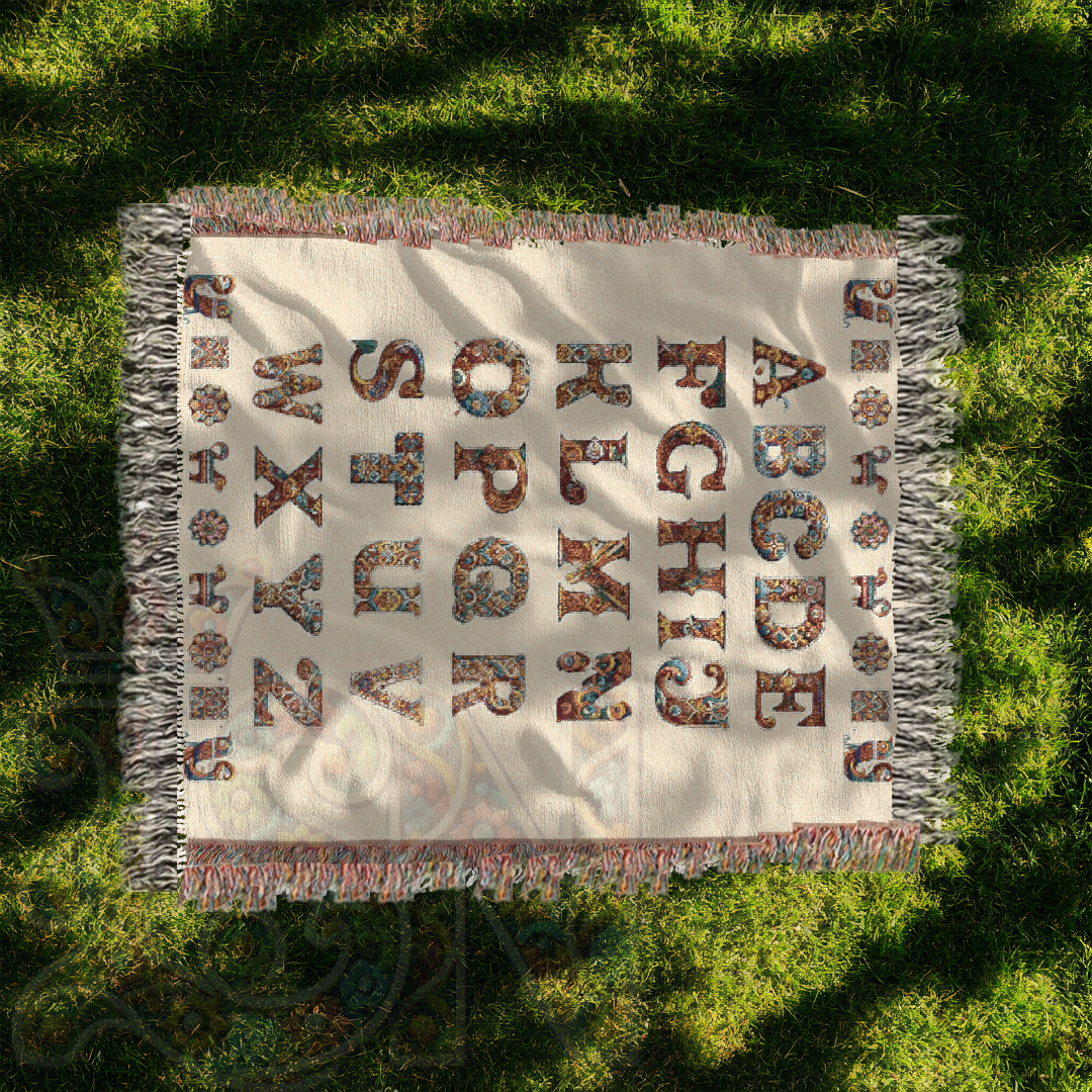 White Elegant Alphabet Woven Cotton Blanket – Bohemian Luxe Tapestry Throw