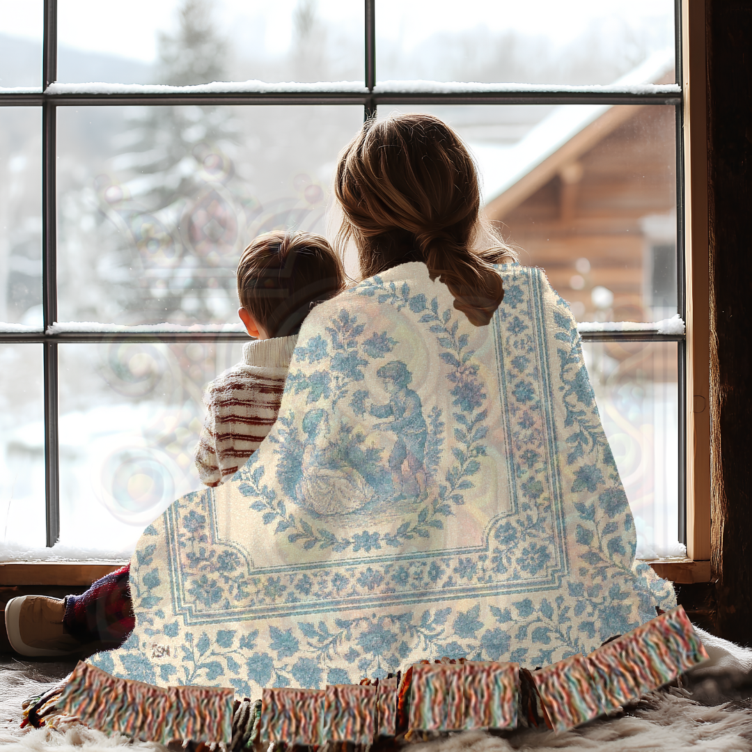 French Country Toile Woven Blanket – Blue & Cream Cotton Throw for Bed, Sofa or Wall Art – Romantic Tapestry Blanket Décor