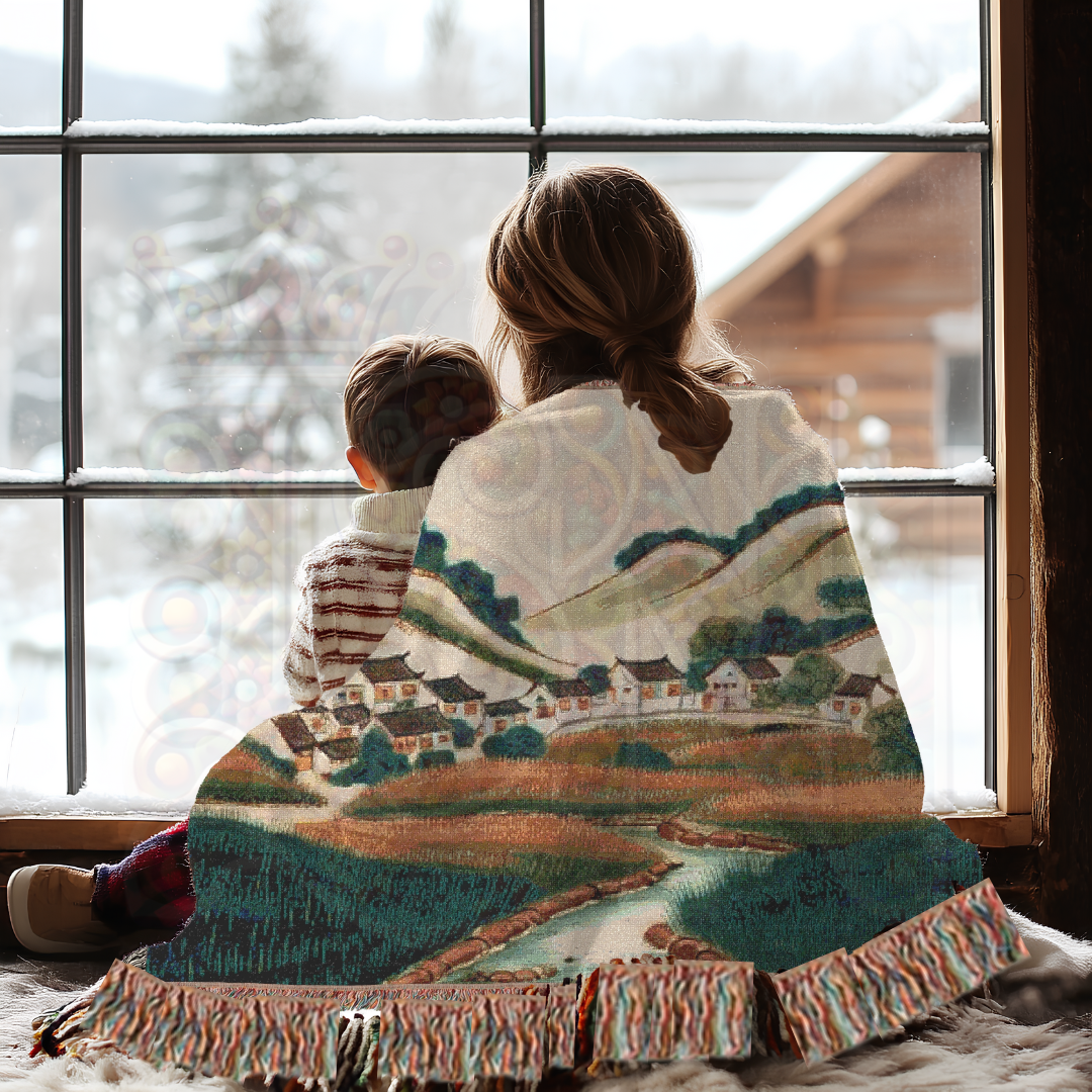 Valley of Harmony – Asian Korean Landscape Woven Blanket with Hillside Village Scene