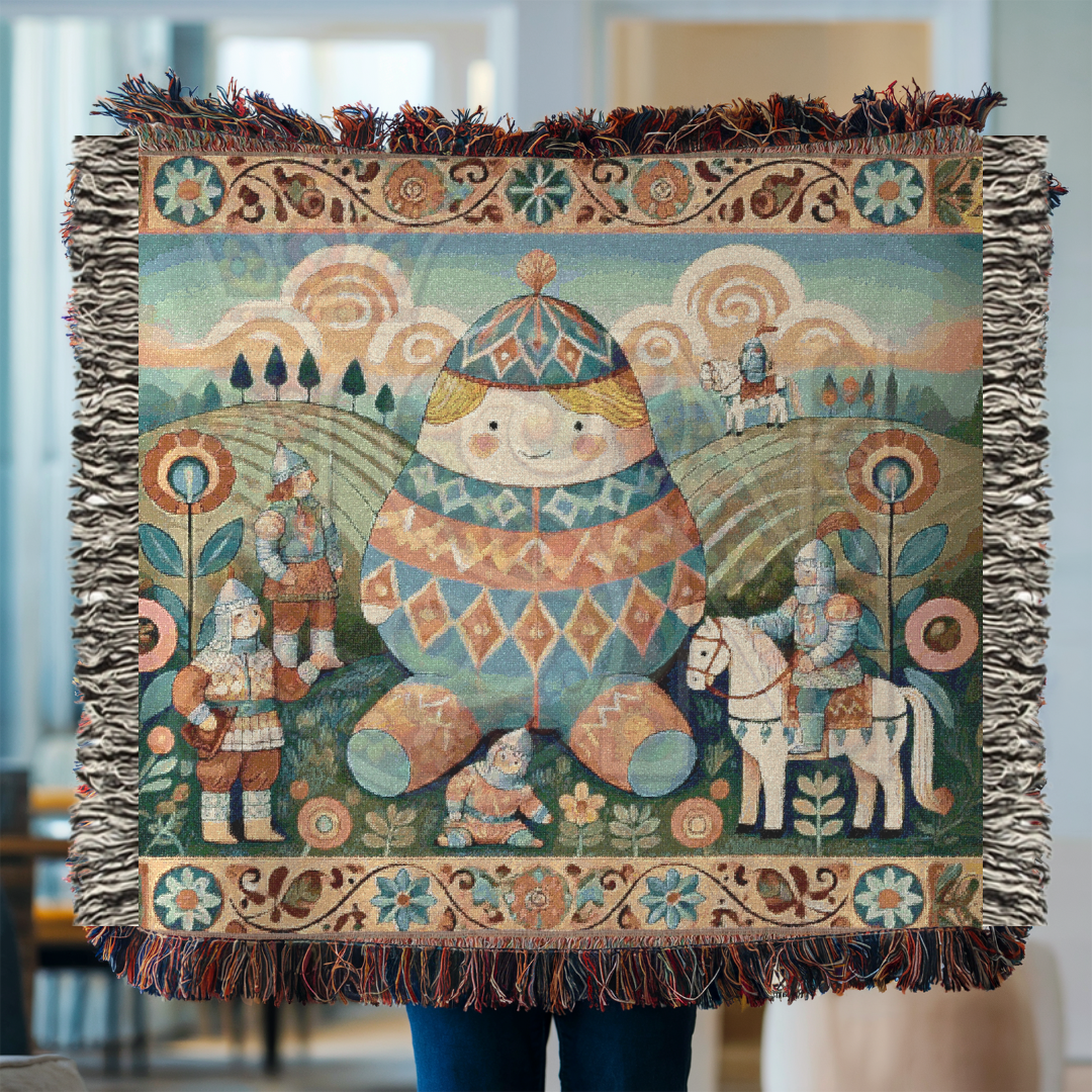 Humpty Dumpty & The Tiny Knights Woven Blanket, Fairytale Medieval Folk Art Throw – 100% Cotton Cozy Tapestry