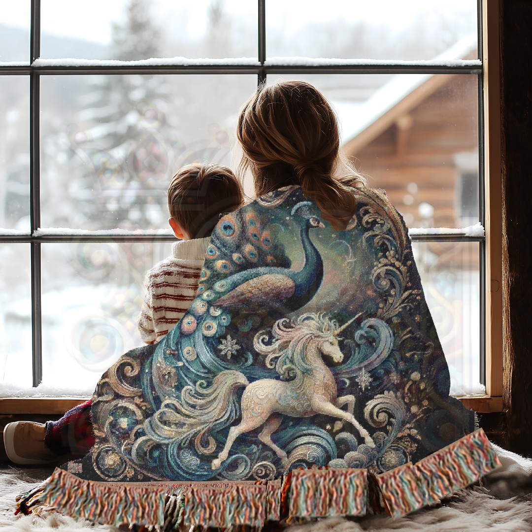 Peacock & Unicorn Woven Blanket | 100% Cotton Fantasy Tapestry | Gothic Fairytale Throw | Celestial Art Decor | Enchanted Cozy Gift