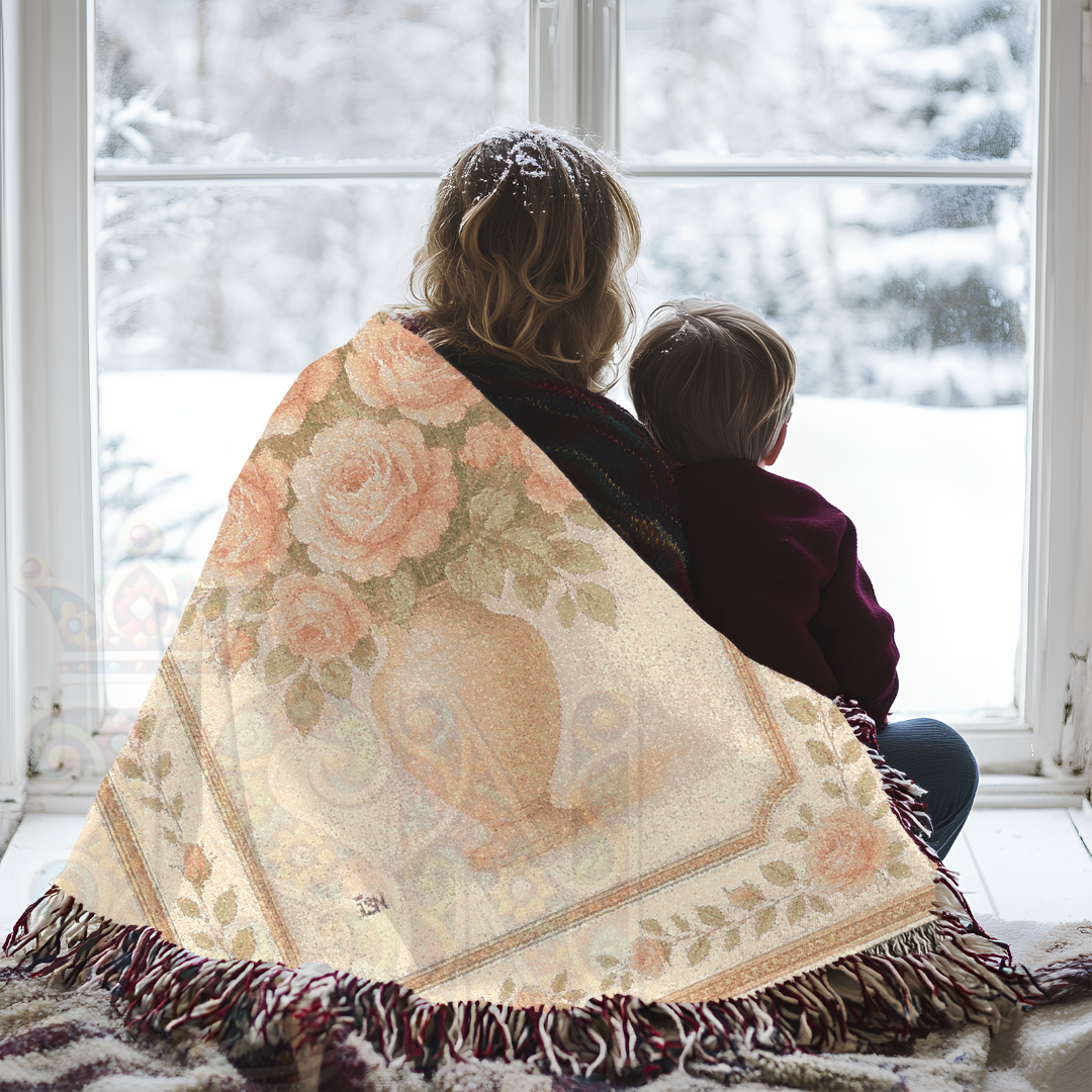 Rose Vase Reverie Fairycore Woven Blanket – Vintage Floral Throw