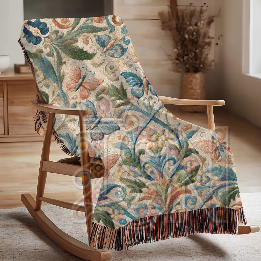 Fluttering Grace Pink & Blue Butterfly Folk Art Woven Blanket – Elegant Nature-Inspired Throw with Delicate Butterfly Motifs
