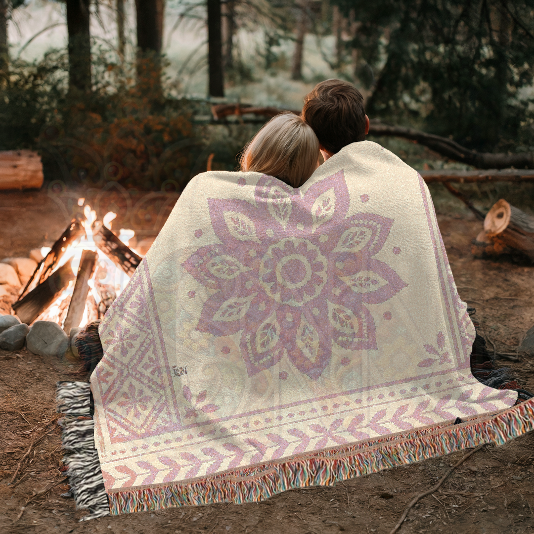 Petal Frame – Pink and Cream Woven Blanket with Rosette Center and Decorative Border