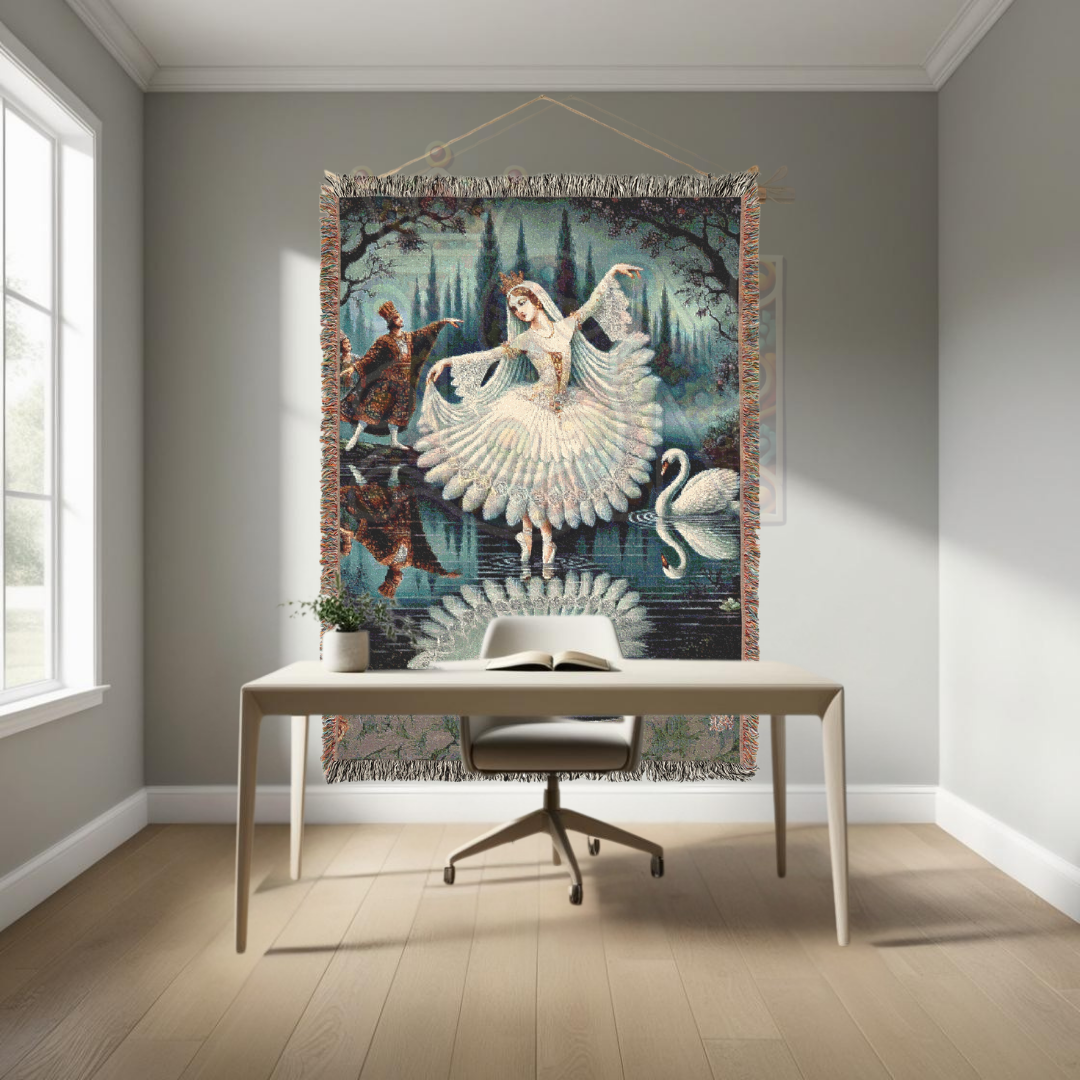 Swan Lake Ballet Woven Blanket – 100% Cotton, Elegant Ballerina Tapestry, Fairy Tale Dance Decor, Classic Art Throw, Romantic Gift