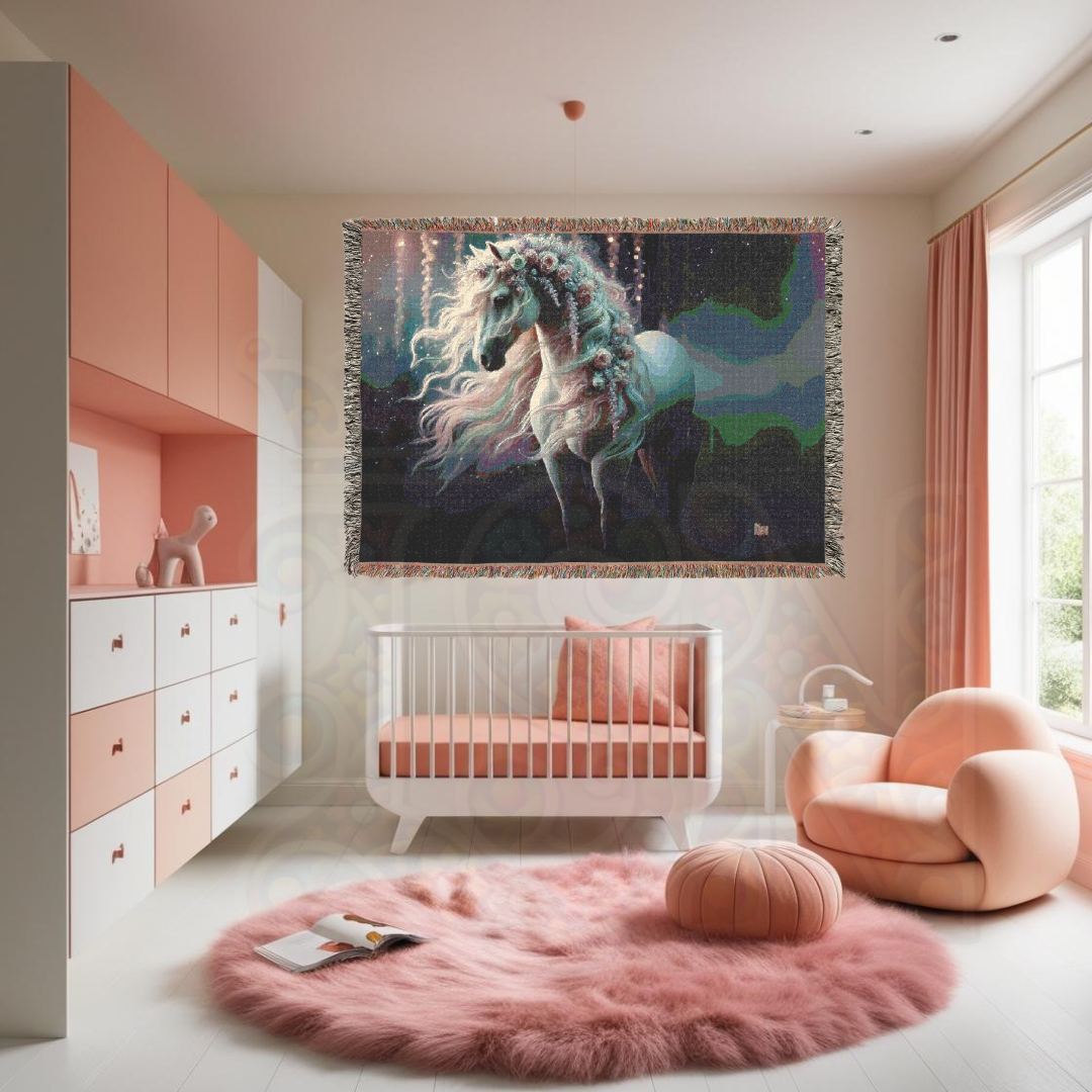Magical Horse Woven Blanket – Fantasy Tapestry Throw – Mystical Horse with Floral Mane – Fairy Tale-Inspired Decor – Cozy Cottagecore & Gothic Aesthetic