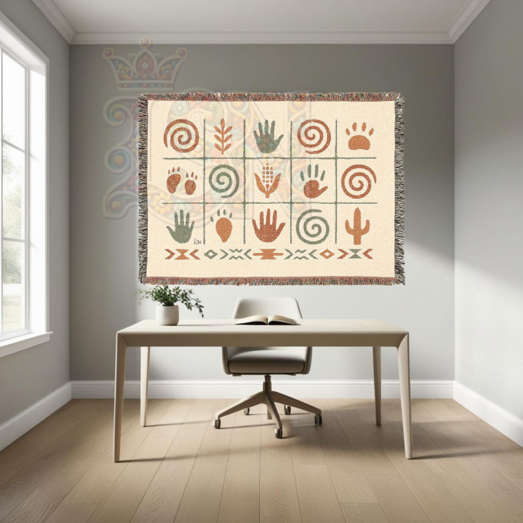 Ancient Echoes – Woven Blanket with Southwest-Inspired Hand, Spiral & Nature Symbols