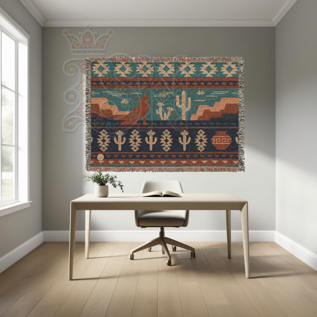 Desert Song – Southwestern Coyote & Cactus Woven Blanket with Folk Pattern