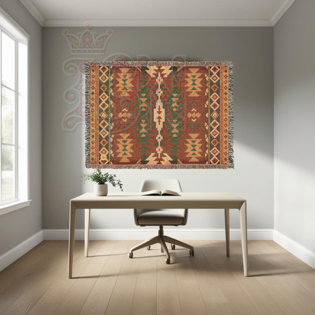 Southwestern Tribal Pattern Woven Blanket – Bold Geometric Folk Art Throw, Earthy Warmth for Home Decor