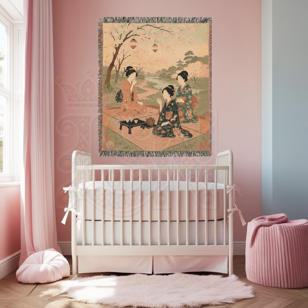 Blossom Gathering – Woven Blanket with Spring Picnic and Kimono-Clad Figures