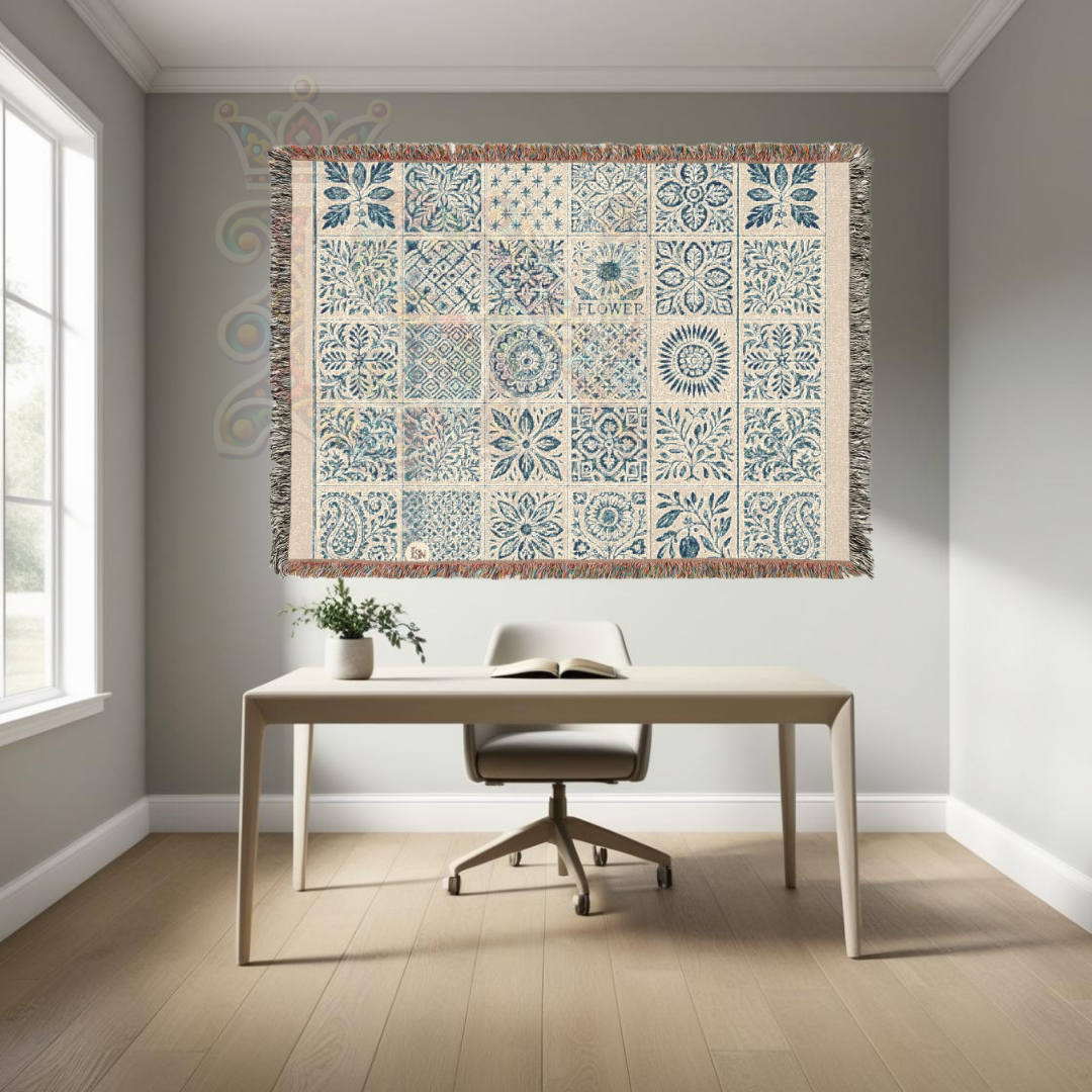 Heritage Tile Block Folk Art Woven Blanket – Classic Blue Tile Pattern Throw, Decorative Folk Art Home Accent
