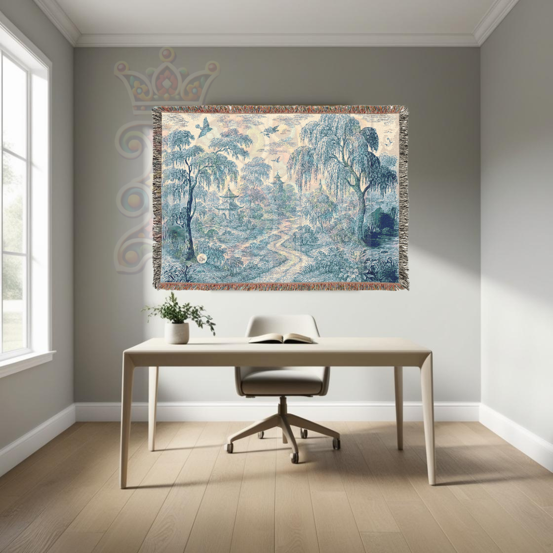 Pagoda Garden Woven Blanket – Blue Willow Landscape Tapestry Throw with Trees, Birds & Stream – 100% Cotton Calm & Serene Decor