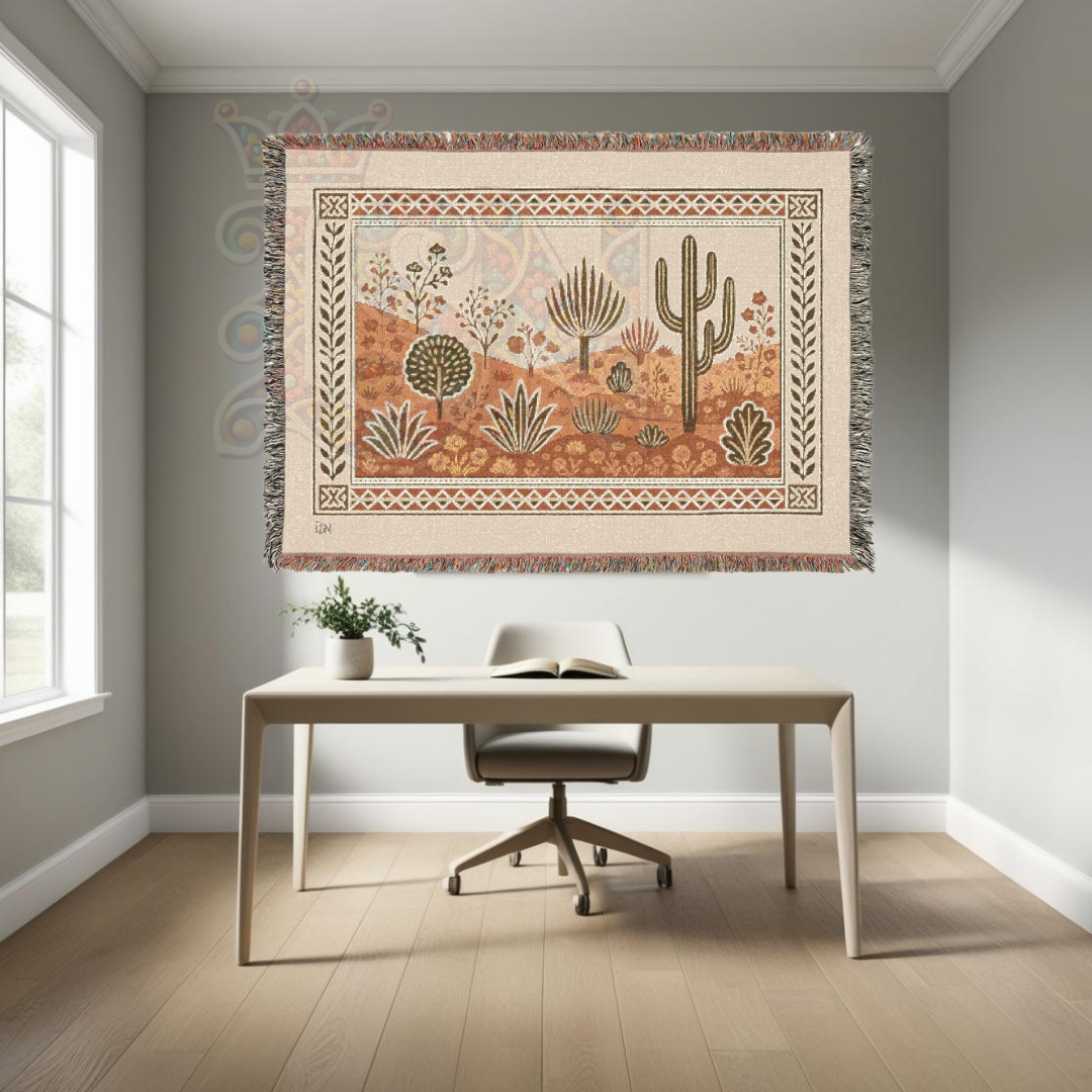 Desert Blooms Southwest Desert Flora Folk Art Woven Blanket – Nature-Inspired Cozy Throw, Southwestern Home Decor Gift