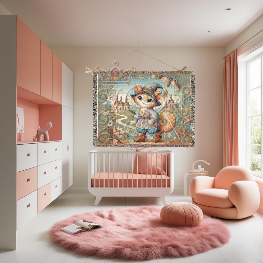 Whimsical Cat Woven Blanket – Fairytale Male Feline in Medieval Village | Cozy Storybook Tapestry Throw for Cottagecore & Boho Home Decor