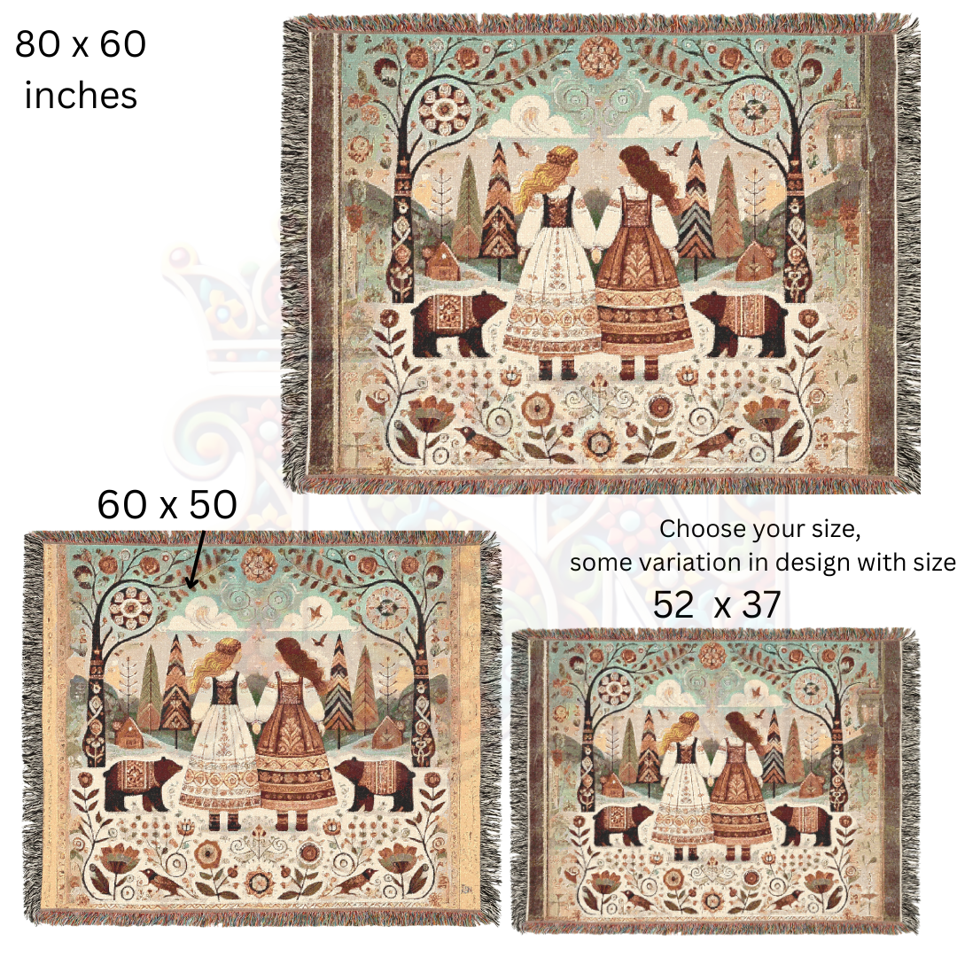 Whimsical Folk Art Woven Blanket – Nordic Sisters & Bears Tapestry Throw | Cozy Cottagecore, Fairytale Home Decor, & Storytelling Art