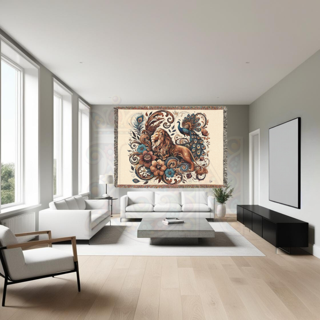 Regal Companions – Woven Blanket with Baroque Lion, Peacock & Floral Scrolls