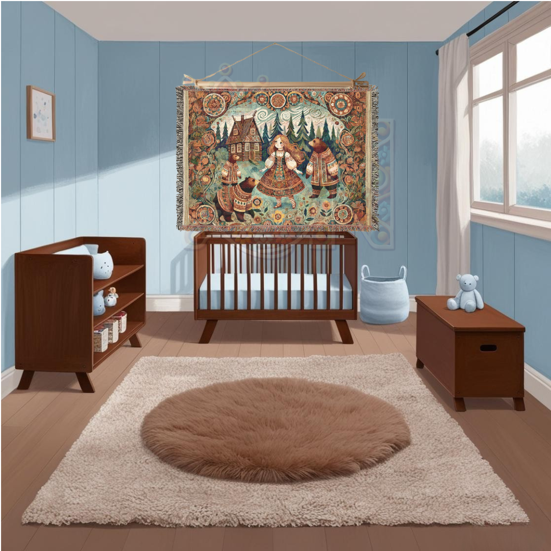 Goldilocks & Three Bears Woven Blanket – Cozy Folk Art Tapestry, 100% Cotton Fairytale Throw, Rustic Cottagecore Decor, Storybook Gift