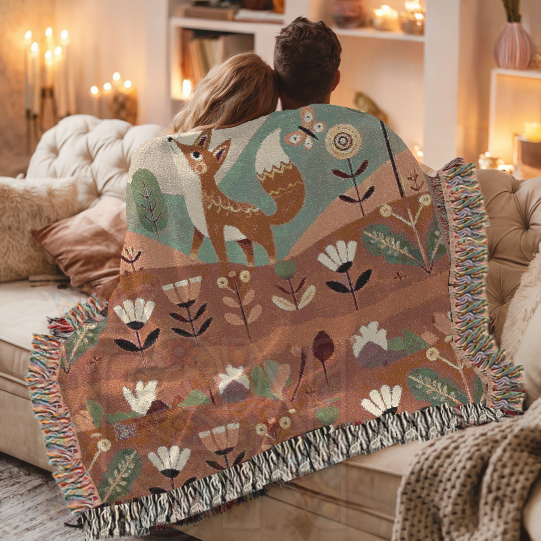 Folk Art Fox and Grapes Woven Blanket – 100% Cotton Throw for Cozy Woodland Decor