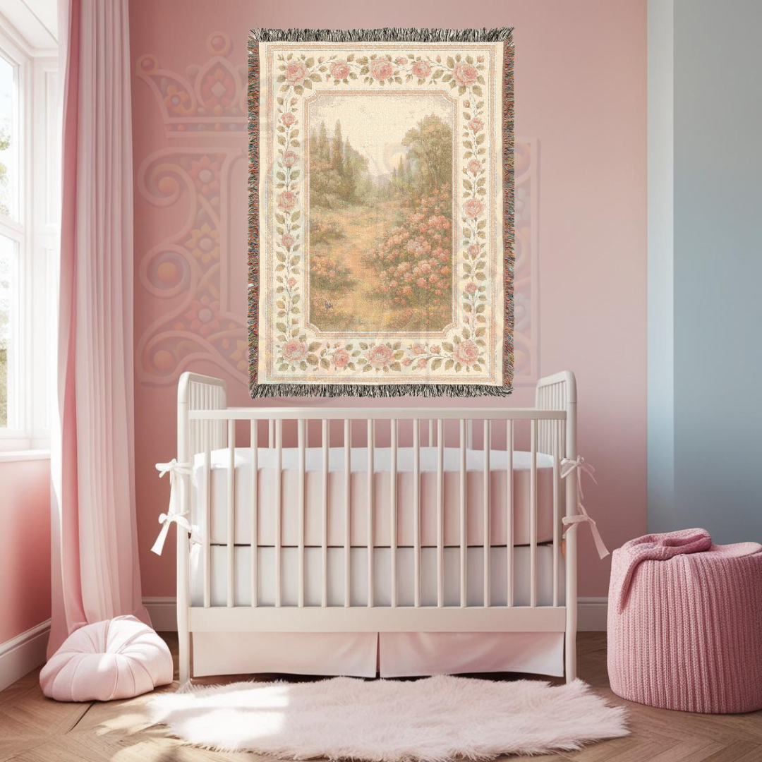 Whispering Rose Path – Fairycore Woven Blanket with Garden Path and Blooming Roses