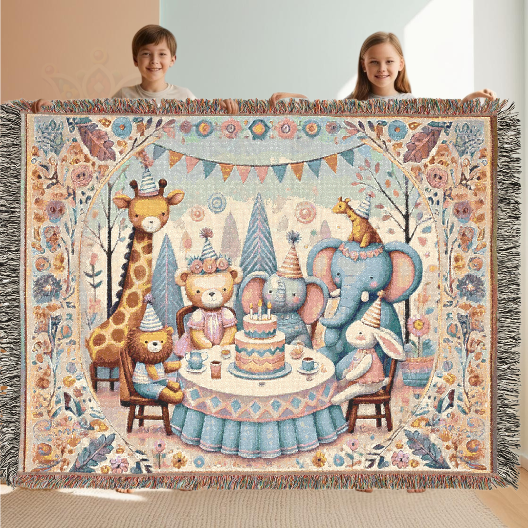 Woodland Birthday Tea Party Pastel Woven Blanket – Cozy Kids Animal Story Throw, Nursery Gift