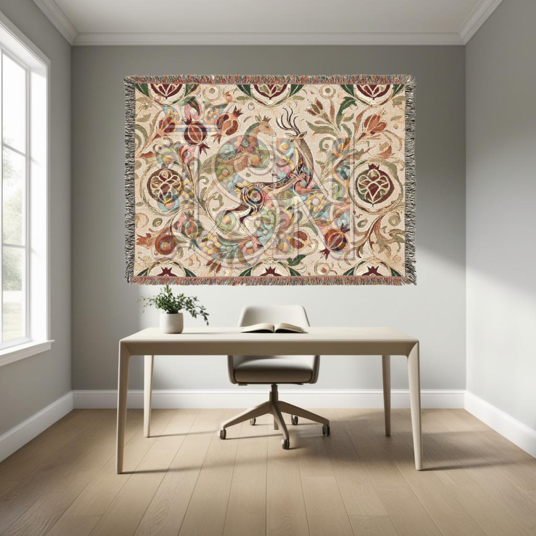 Regal Dance Crowned Stags & Pomegranates Woven Blanket – Noble Nature-Inspired Throw, Elegant Gift for Art Lovers