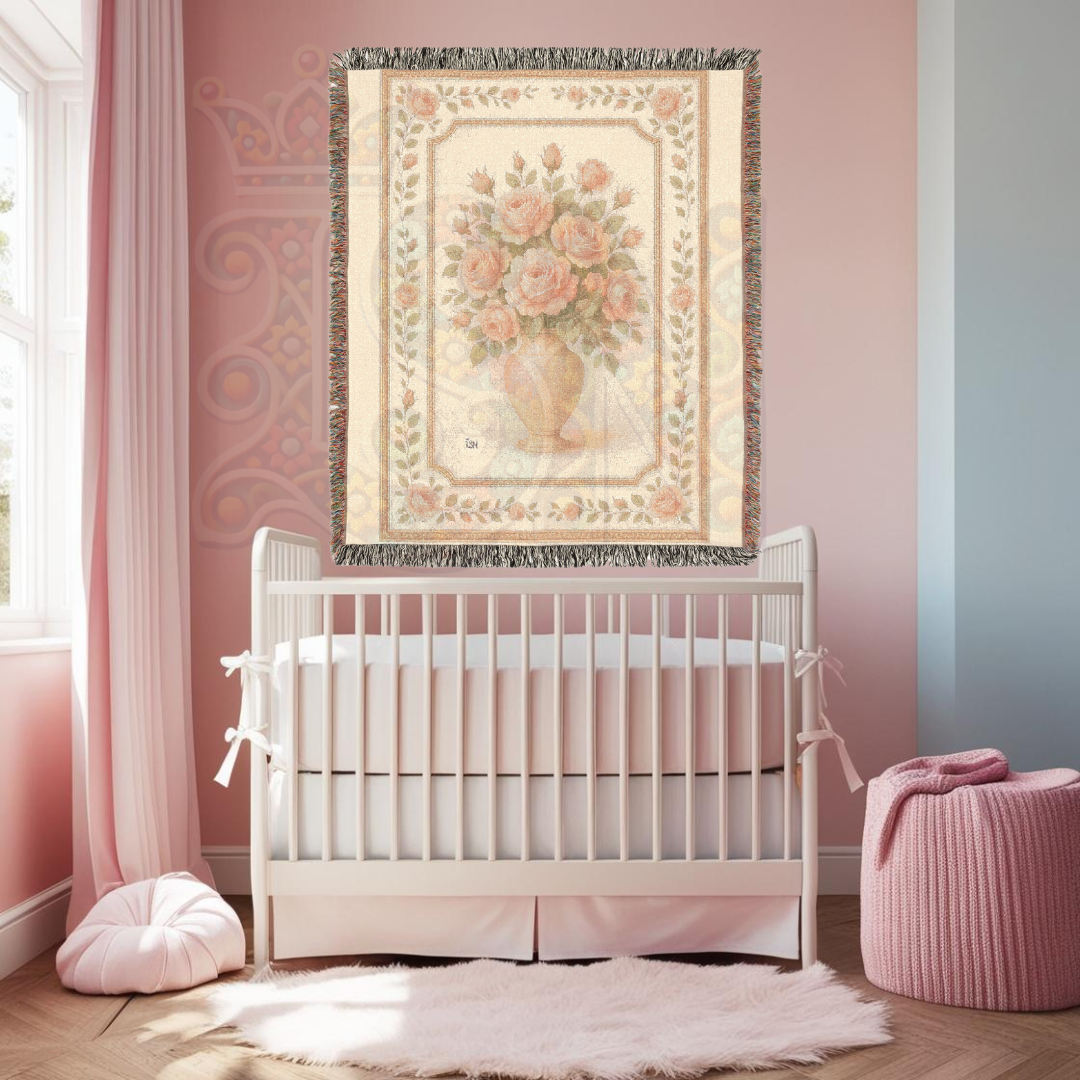 Rose Vase Reverie Fairycore Woven Blanket – Vintage Floral Throw