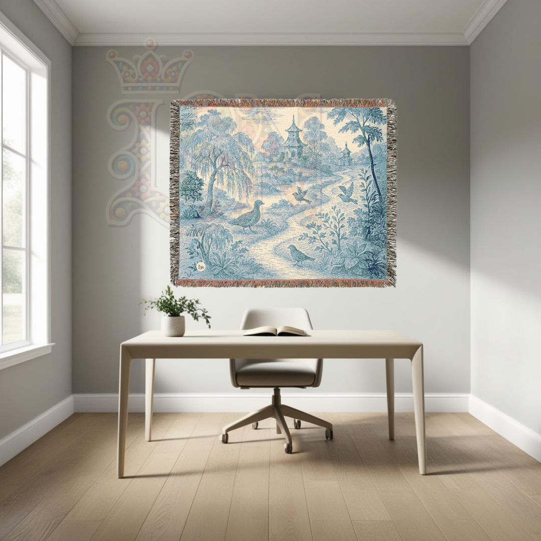 Pagoda Path Garden Woven Blanket – Blue Toile Tapestry Throw with Birds & Willow Trees – 100% Cotton Tranquil Landscape Wall Art