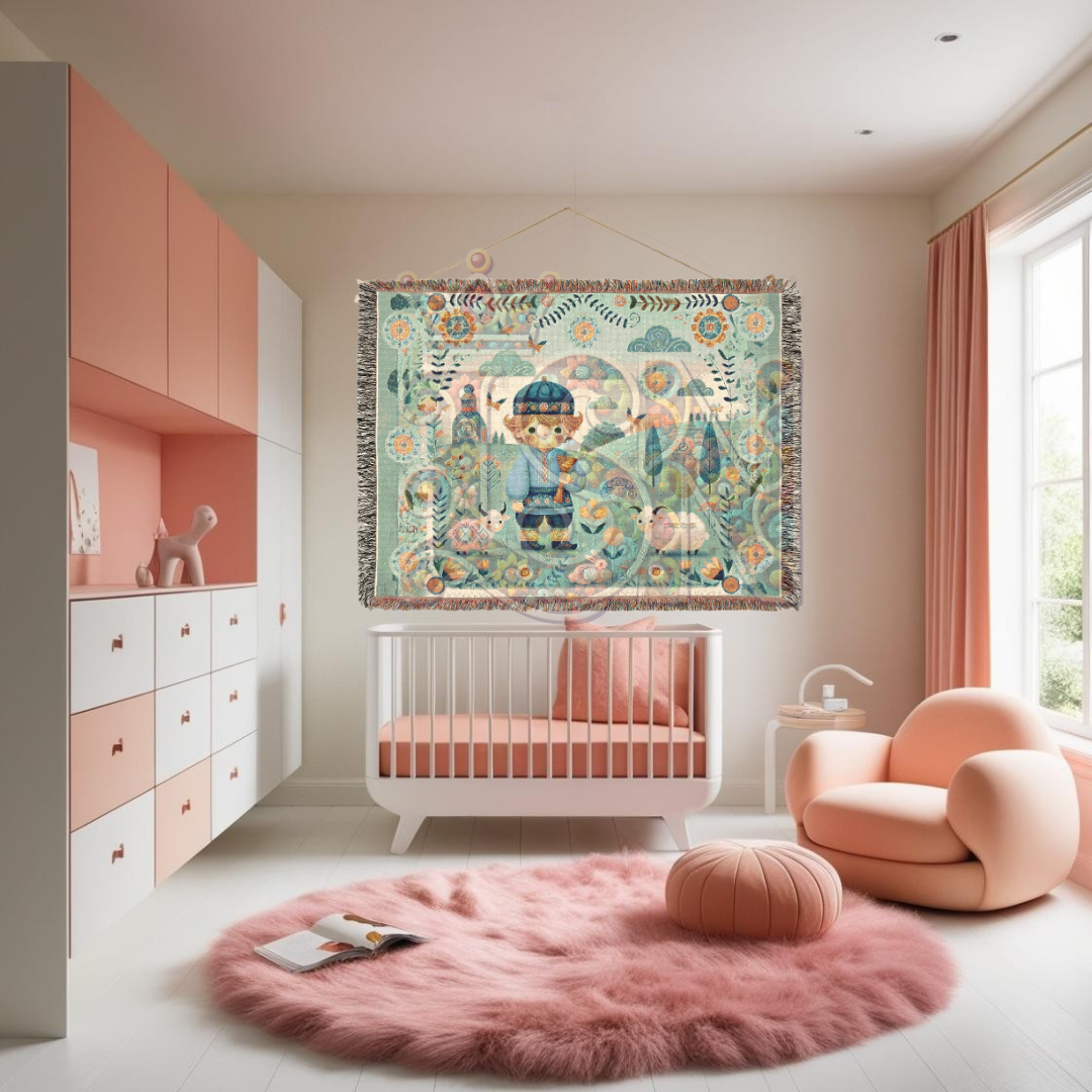Little Boy Blue Folk Art Shepherd Woven Blanket – 100% Cotton Tapestry Throw – Cottagecore Boy with Sheep & Village Scene, Cozy Farmhouse Decor