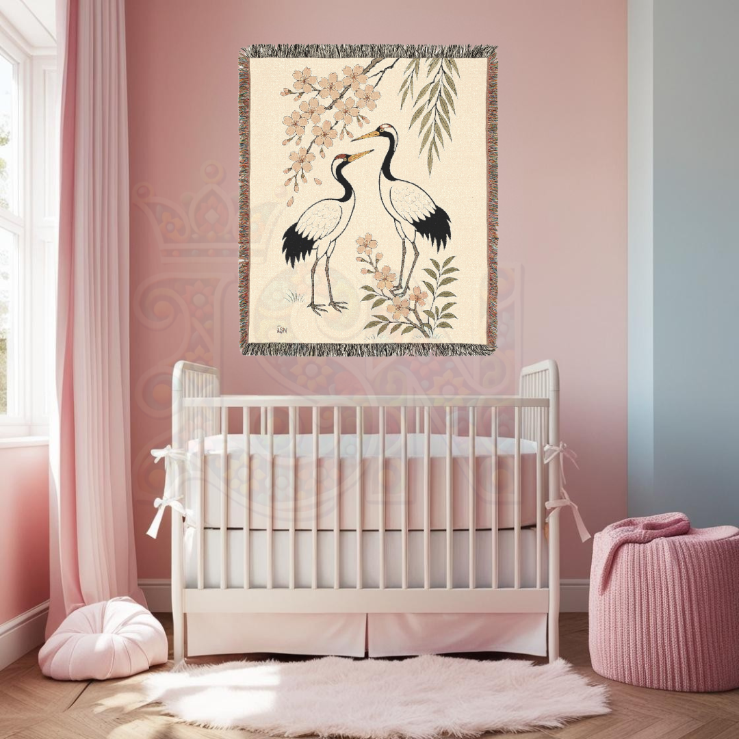 Dance of the Cranes – Woven Blanket with Folk Cranes and Cherry Blossoms