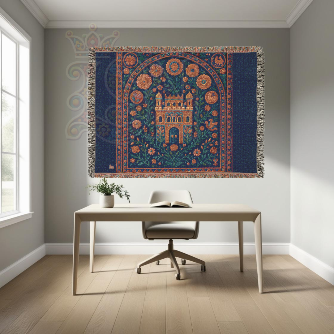 Enchanted Castle Garden Mystical Fortress Folk Art Woven Blanket – Magical Home Decor Throw, Fairy Tale Gift