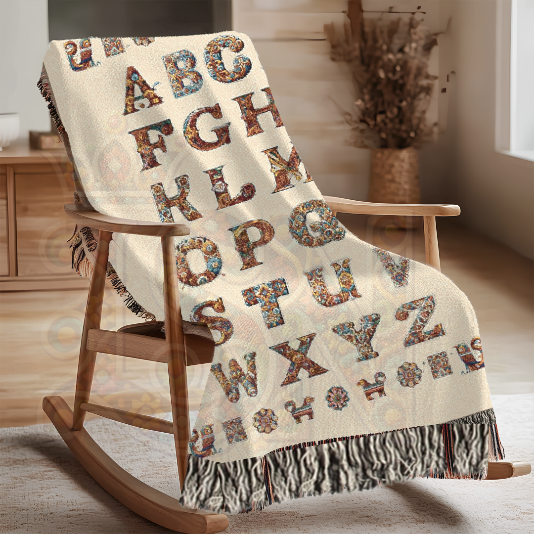 White Elegant Alphabet Woven Cotton Blanket – Bohemian Luxe Tapestry Throw