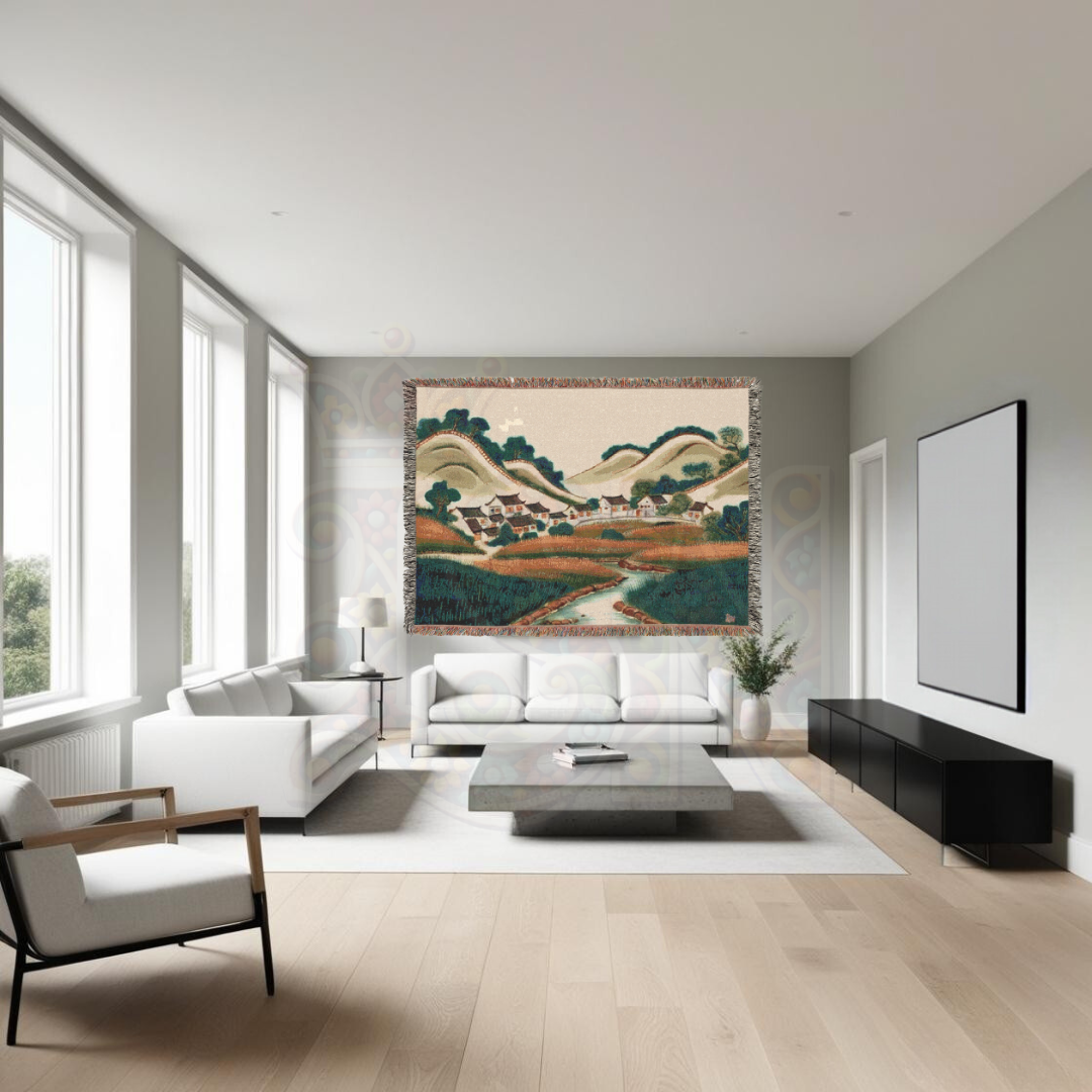 Valley of Harmony – Asian Korean Landscape Woven Blanket with Hillside Village Scene