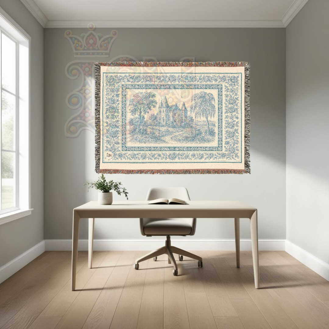 French Chateau Woven Blanket – Blue Toile Cotton Throw or Wall Tapestry with Floral Border & Manor Scene – Elegant Storybook Decor