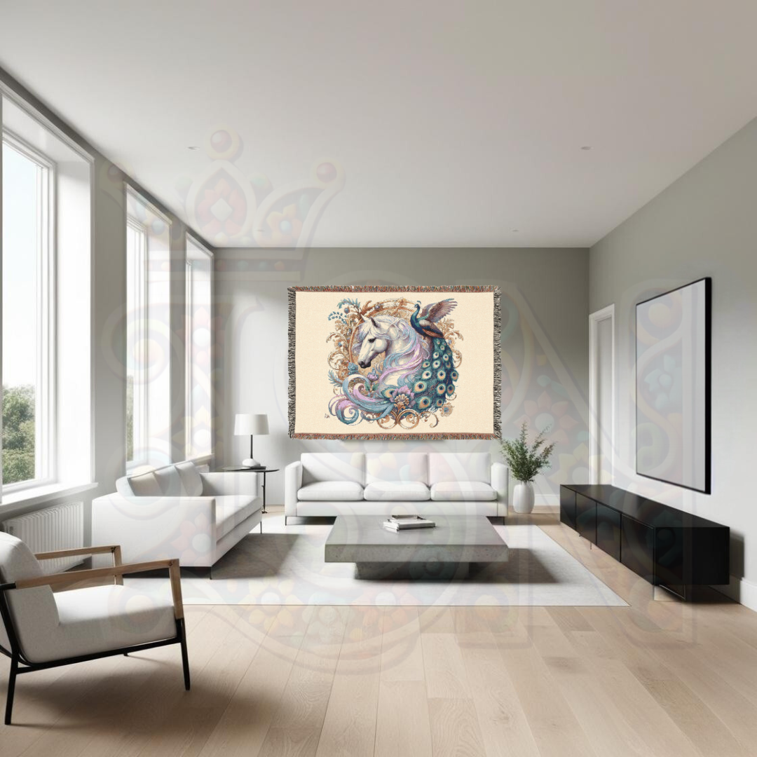 White Horse & Peacock Woven Blanket – 100% Cotton Tapestry Throw in White – Elegant Boho Decor, Cozy Art Blanket, Unique Gift, Luxury Home Accent