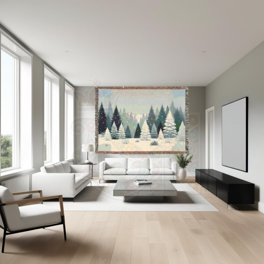 Snowy Forest Winter Woven Blanket – Cozy Snow-Covered Pines Tapestry Throw, Serene Nordic Winter Landscape for Home Decor