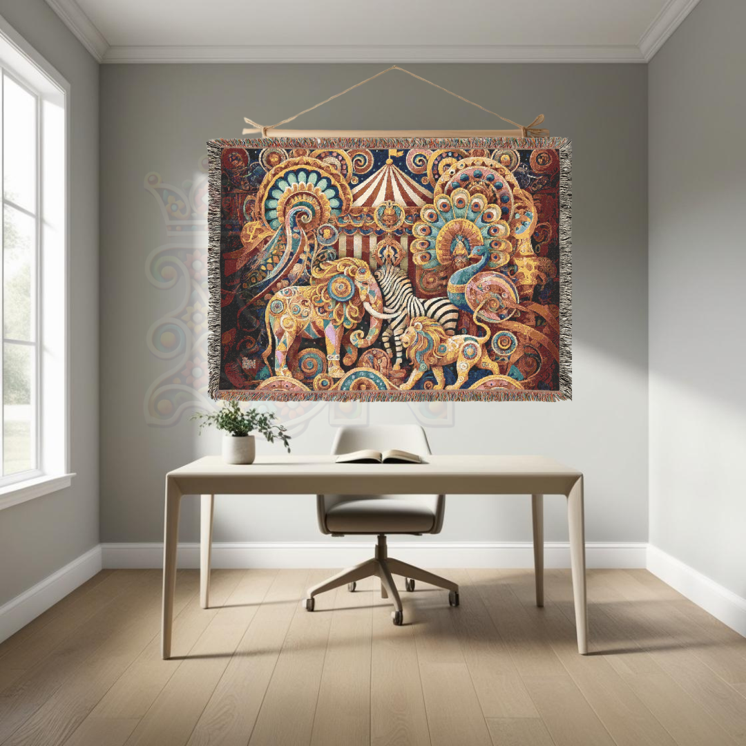 Vintage Circus Woven Blanket – Carnival-Inspired Throw, Boho Animal Tapestry, Ornate Elephant & Peacock Blanket, Whimsical Fairground Decor