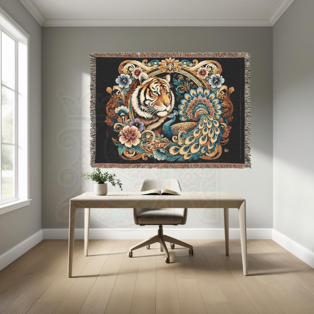 Tiger & Peacock Woven Blanket | Baroque Wildlife Cotton Tapestry | Maximalist Boho Throw | Regal Jungle Decor | Exotic Nature Gift
