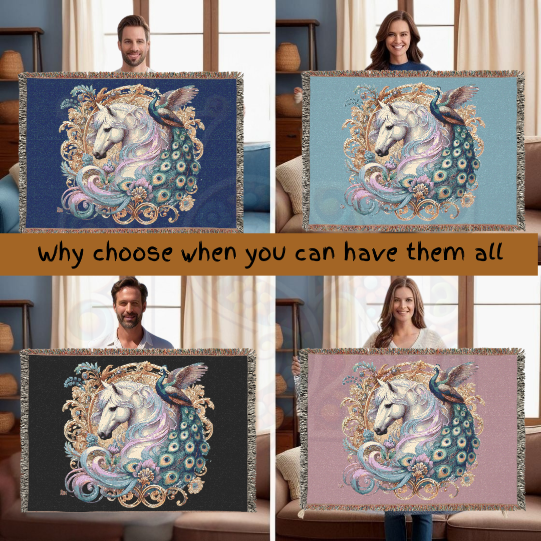 White Horse & Peacock Woven Blanket – 100% Cotton Tapestry Throw in White – Elegant Boho Decor, Cozy Art Blanket, Unique Gift, Luxury Home Accent