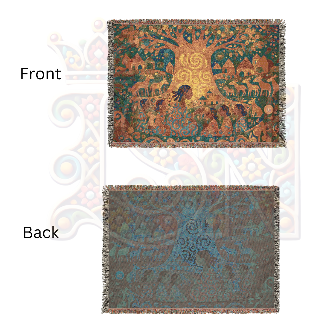The Tree That Taught the Village – African Folk Art Woven Blanket, Story Throw, Cultural Gift, Nature-Inspired Textile for Home Decor & Learning Spaces